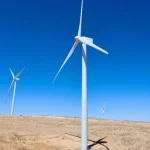 Wind turbines generating renewable energy in a desert landscape